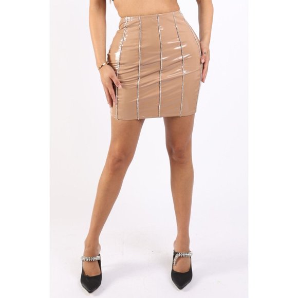 Boutique Dresses & Skirts - Women's Casual Back Zip-Up Rhinestone Trimmed Latex Mini Skirt Black Nude S,M,L